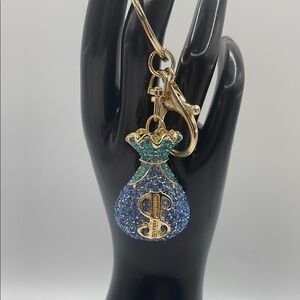 Sparkling Blue and Gold Money Bag Keychain